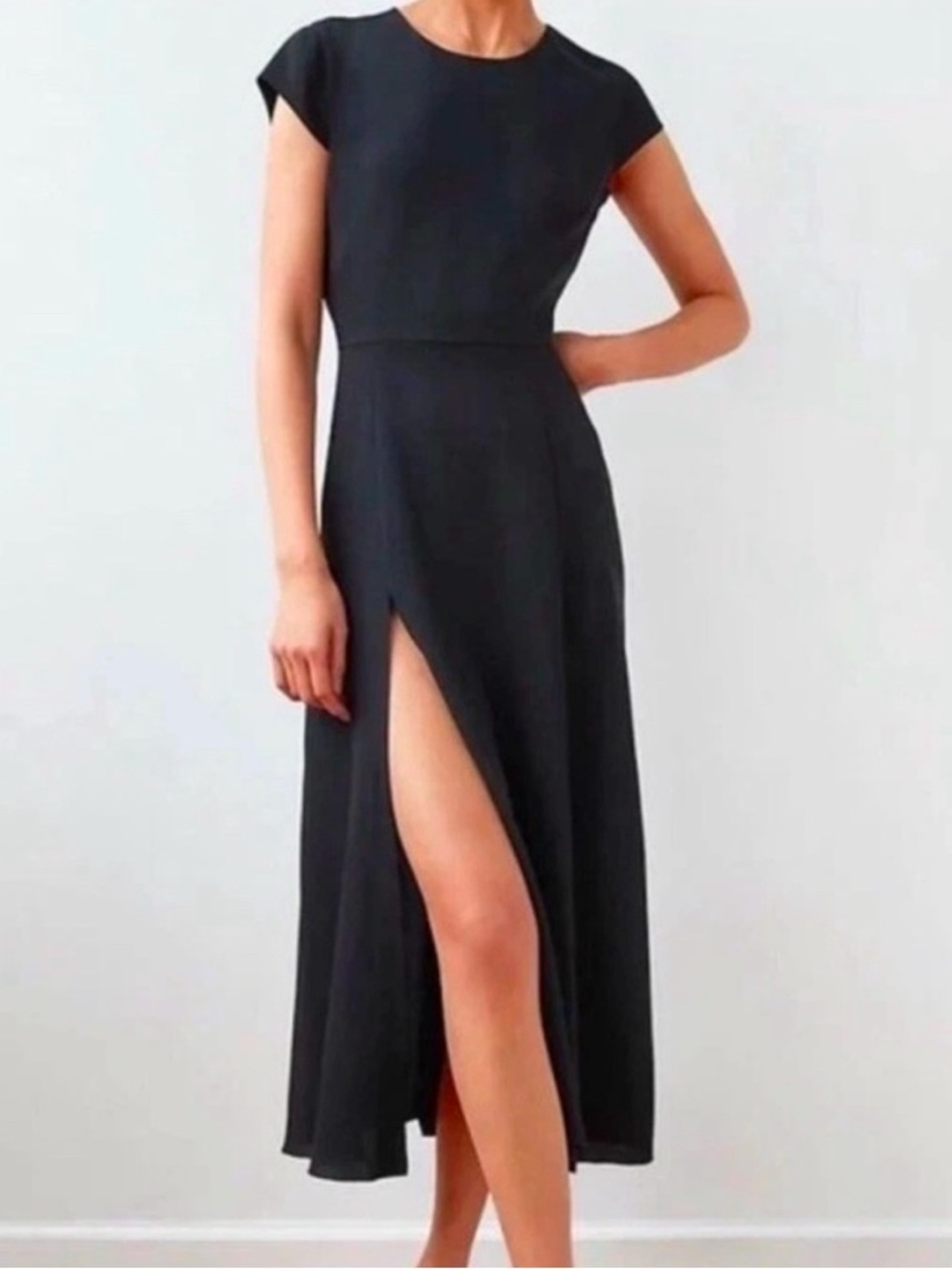 Babaton Deep Blue Cap-Sleeve Maxi Dress with High Side Slit